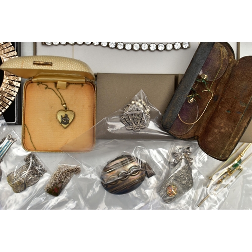 95 - A BOX OF ASSORTED SILVER AND COSTUME JEWELLERY, to include a silver floral detailed oval locket, hal... 