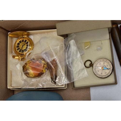 95 - A BOX OF ASSORTED SILVER AND COSTUME JEWELLERY, to include a silver floral detailed oval locket, hal... 