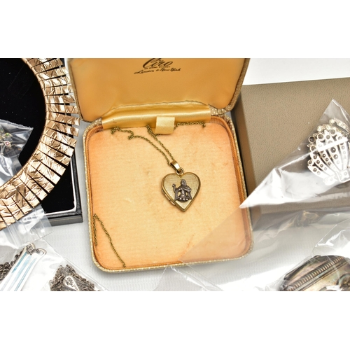 95 - A BOX OF ASSORTED SILVER AND COSTUME JEWELLERY, to include a silver floral detailed oval locket, hal... 