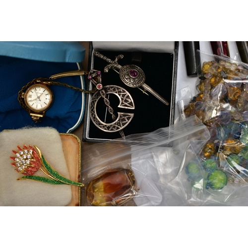 95 - A BOX OF ASSORTED SILVER AND COSTUME JEWELLERY, to include a silver floral detailed oval locket, hal... 
