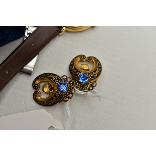 96 - A BOX OF ASSPRTED COSTUME JEWELLERY, to include a pair of clip on yellow metal earrings set with blu... 