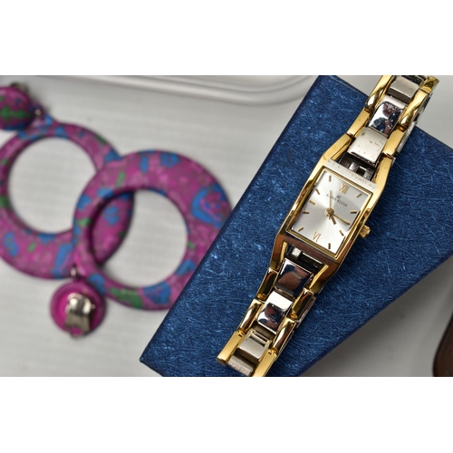 96 - A BOX OF ASSPRTED COSTUME JEWELLERY, to include a pair of clip on yellow metal earrings set with blu... 