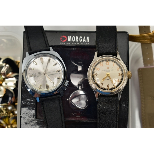 96 - A BOX OF ASSPRTED COSTUME JEWELLERY, to include a pair of clip on yellow metal earrings set with blu... 