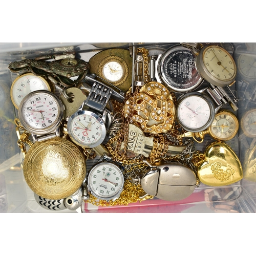 97 - A PLASTIC BOX OF ASSORTED LADY'S AND GENT'S FASHION WRISTWATCHES, mostly quartz movements, names to ... 