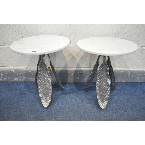 1195 - A PAIR OF WHITE CIRCULAR MARBLE TOP SIDE TABLES, on a three silvered leaves support, diameter 41cm x... 