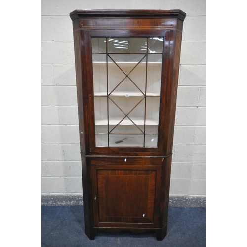 1196 - A GEORGIAN MAHOGANY AND INLAID CORNER CUPBOARD, the top section with a single astragal glazed door t... 