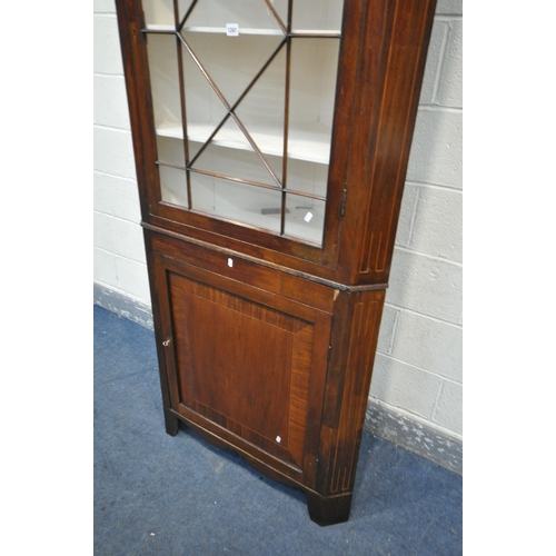 1196 - A GEORGIAN MAHOGANY AND INLAID CORNER CUPBOARD, the top section with a single astragal glazed door t... 