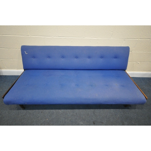 1197 - A MID-CENTURY TEAK SOFA BED, covered in blue fabric, (condition:-mechanism works as should, surface ... 