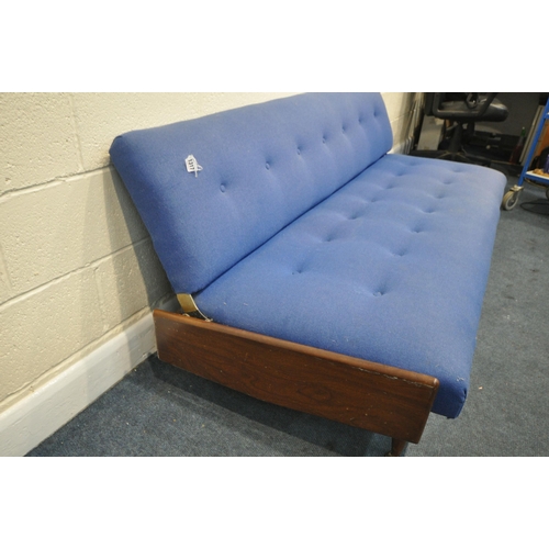 1197 - A MID-CENTURY TEAK SOFA BED, covered in blue fabric, (condition:-mechanism works as should, surface ... 