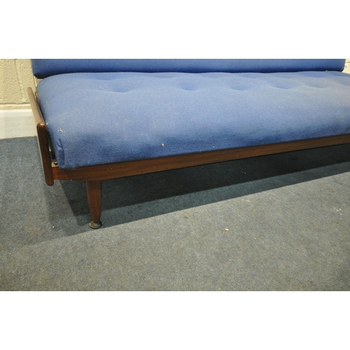 1197 - A MID-CENTURY TEAK SOFA BED, covered in blue fabric, (condition:-mechanism works as should, surface ... 