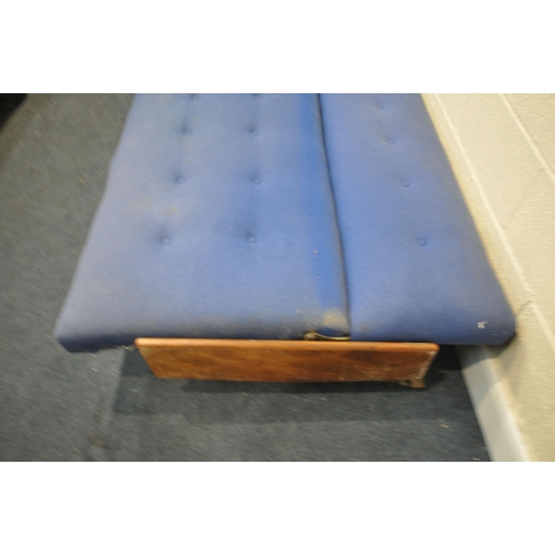 1197 - A MID-CENTURY TEAK SOFA BED, covered in blue fabric, (condition:-mechanism works as should, surface ... 