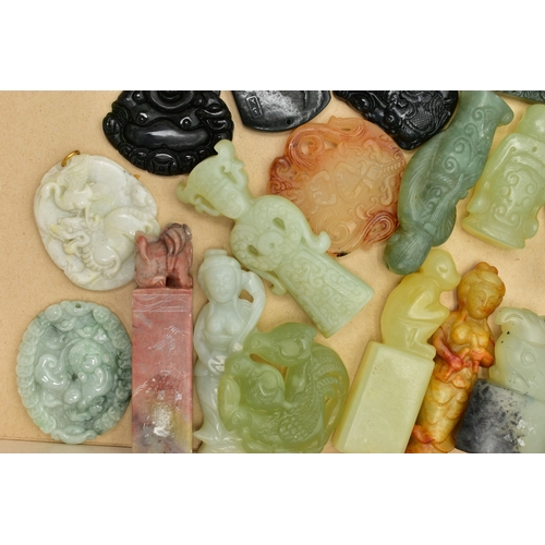 120 - A SELECTION OF MODERN ORIENTAL CARVINGS, twenty five modern hard stone carvings consisting of disks,... 