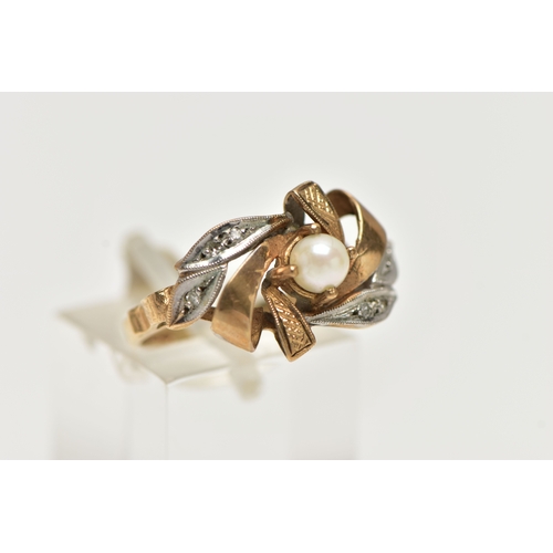 15 - A 9CT GOLD GEMSET RING,  a single cultured pearl, prong set within a yellow and white gold mount, de... 