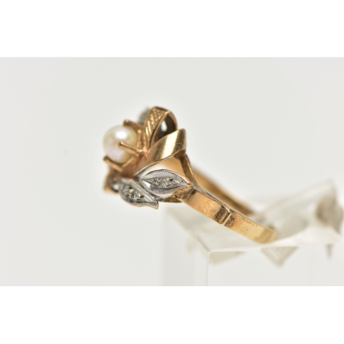 15 - A 9CT GOLD GEMSET RING,  a single cultured pearl, prong set within a yellow and white gold mount, de... 