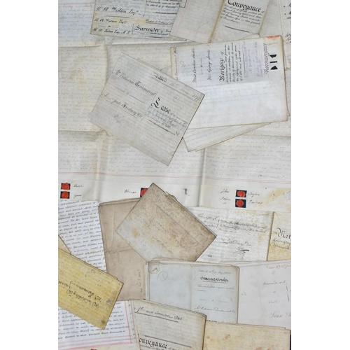 250 - INDENTURES, a collection of eighty legal document dating from 1668 - 1895 to include conveyances, le... 