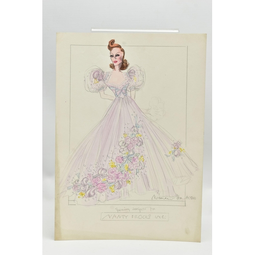 255 - NORMAN HARTNELL (1901-1979) Four signed dress designs, two pencil and watercolours of floral full le... 