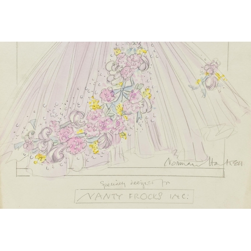 255 - NORMAN HARTNELL (1901-1979) Four signed dress designs, two pencil and watercolours of floral full le... 