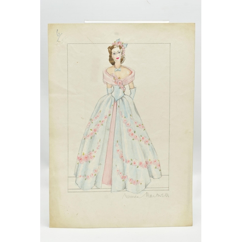 255 - NORMAN HARTNELL (1901-1979) Four signed dress designs, two pencil and watercolours of floral full le... 