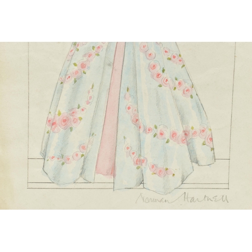 255 - NORMAN HARTNELL (1901-1979) Four signed dress designs, two pencil and watercolours of floral full le... 