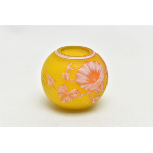 116 - A LATE 19TH CENTURY YELLOW CAMEO GLASS MINIATURE VASE (CUT DOWN), decorated in white and pink mornin... 