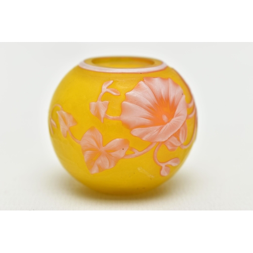 116 - A LATE 19TH CENTURY YELLOW CAMEO GLASS MINIATURE VASE (CUT DOWN), decorated in white and pink mornin... 