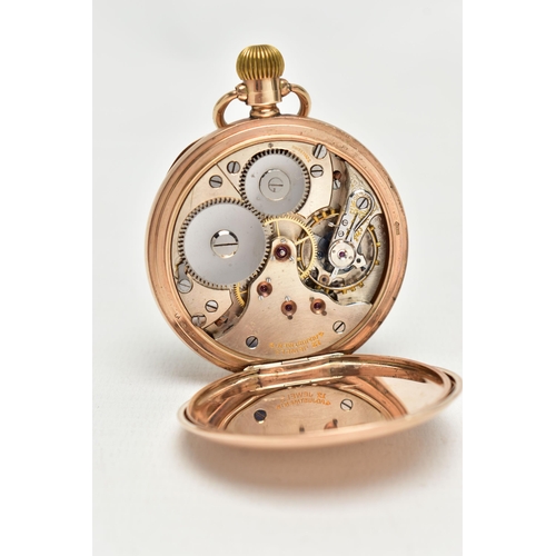 15 - AN EARLY 20H CENTURY 9CT GOLD MANUAL WOUND OPEN FACE POCKET WATCH, the white enamel dial with black ... 