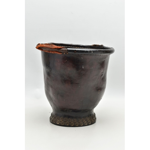 153 - A 19TH CENTURY LEATHER AND STUD CLOSED FIRE BUCKET, worn leather rim, lacks leather handle, rivets t... 