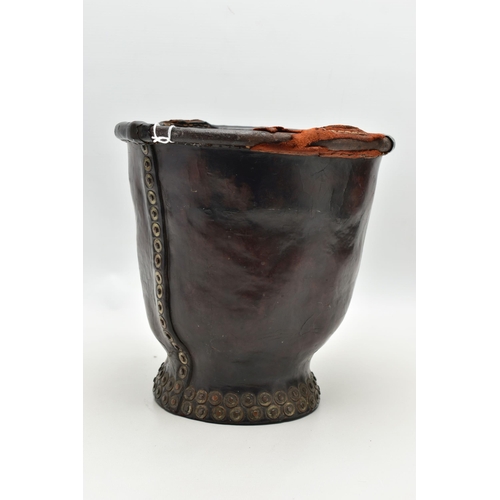 153 - A 19TH CENTURY LEATHER AND STUD CLOSED FIRE BUCKET, worn leather rim, lacks leather handle, rivets t... 