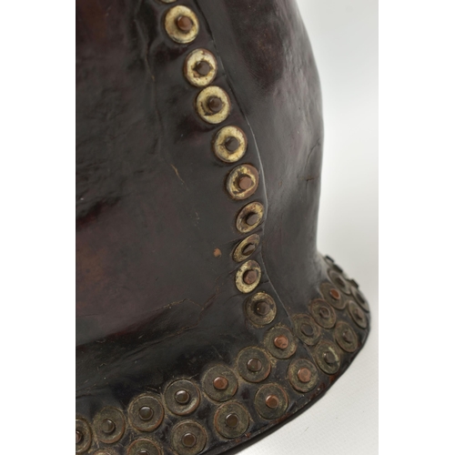 153 - A 19TH CENTURY LEATHER AND STUD CLOSED FIRE BUCKET, worn leather rim, lacks leather handle, rivets t... 