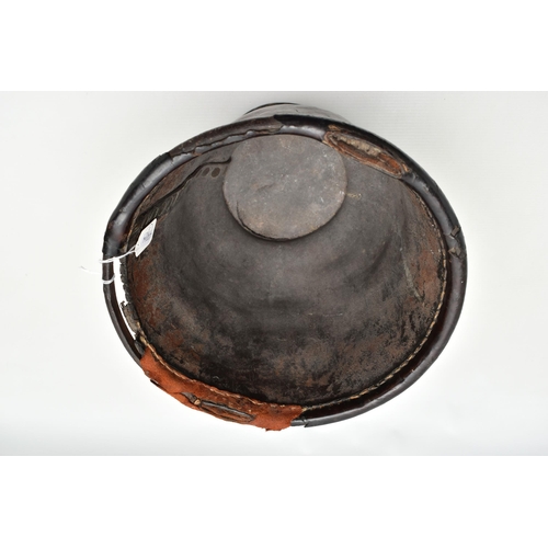 153 - A 19TH CENTURY LEATHER AND STUD CLOSED FIRE BUCKET, worn leather rim, lacks leather handle, rivets t... 