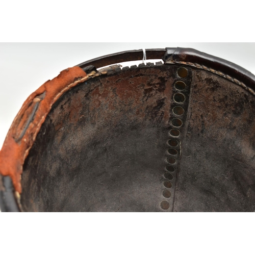 153 - A 19TH CENTURY LEATHER AND STUD CLOSED FIRE BUCKET, worn leather rim, lacks leather handle, rivets t... 