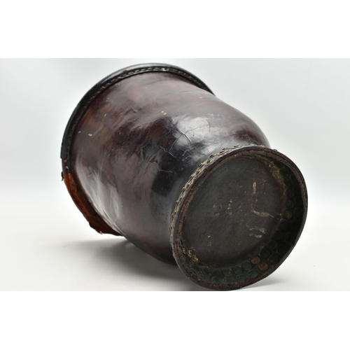 153 - A 19TH CENTURY LEATHER AND STUD CLOSED FIRE BUCKET, worn leather rim, lacks leather handle, rivets t... 