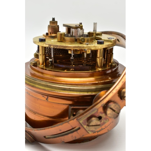 154 - A DUTCH MARINE CHRONOMETER BY 'A. HOHWÜ AMSTERDAM', the copper finish casing with gimbal frame, silv... 