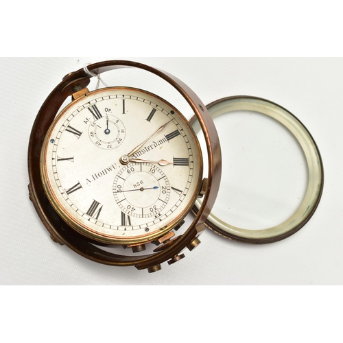 154 - A DUTCH MARINE CHRONOMETER BY 'A. HOHWÜ AMSTERDAM', the copper finish casing with gimbal frame, silv... 