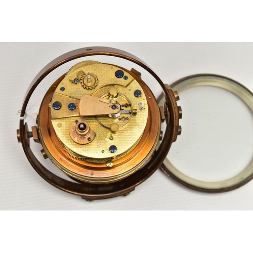 154 - A DUTCH MARINE CHRONOMETER BY 'A. HOHWÜ AMSTERDAM', the copper finish casing with gimbal frame, silv... 