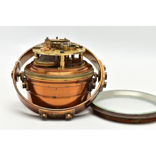 154 - A DUTCH MARINE CHRONOMETER BY 'A. HOHWÜ AMSTERDAM', the copper finish casing with gimbal frame, silv... 