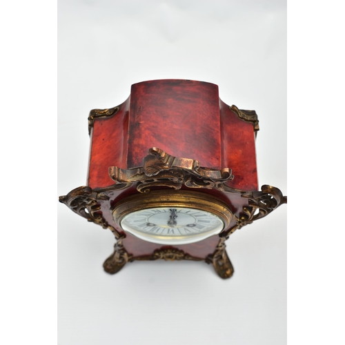 157 - A LATE 19TH CENTURY FRENCH GILT METAL MOUNTED RED TORTOISESHELL MANTEL CLOCK, the 10cm white enamel ... 