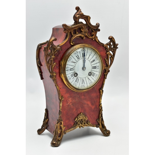 157 - A LATE 19TH CENTURY FRENCH GILT METAL MOUNTED RED TORTOISESHELL MANTEL CLOCK, the 10cm white enamel ... 