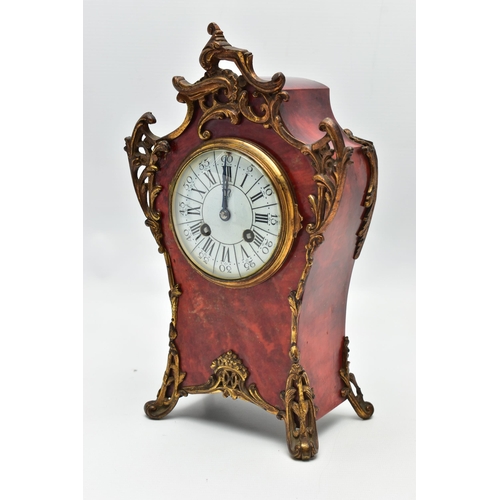 157 - A LATE 19TH CENTURY FRENCH GILT METAL MOUNTED RED TORTOISESHELL MANTEL CLOCK, the 10cm white enamel ... 