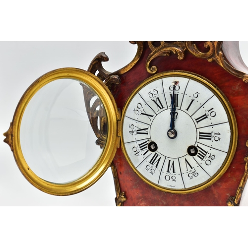 157 - A LATE 19TH CENTURY FRENCH GILT METAL MOUNTED RED TORTOISESHELL MANTEL CLOCK, the 10cm white enamel ... 