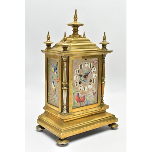 159 - A LATE 19TH CENTURY FRENCH BRASS AND PORCELAIN PANEL CLOCK, the caddy pediment with five turned fini... 