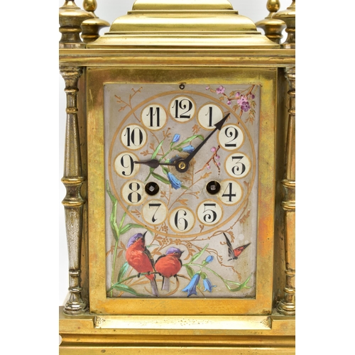 159 - A LATE 19TH CENTURY FRENCH BRASS AND PORCELAIN PANEL CLOCK, the caddy pediment with five turned fini... 