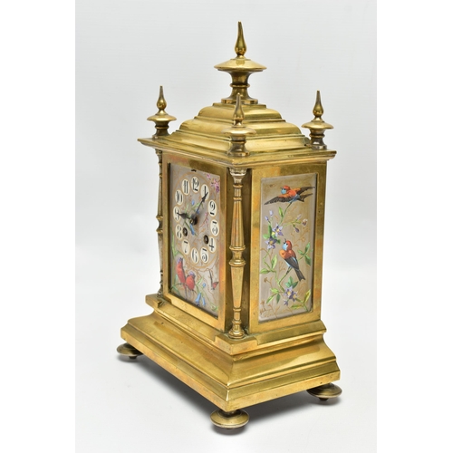 159 - A LATE 19TH CENTURY FRENCH BRASS AND PORCELAIN PANEL CLOCK, the caddy pediment with five turned fini... 