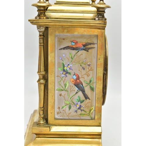 159 - A LATE 19TH CENTURY FRENCH BRASS AND PORCELAIN PANEL CLOCK, the caddy pediment with five turned fini... 