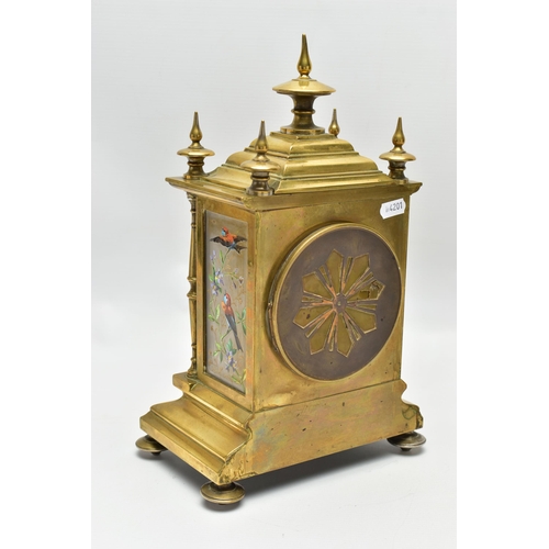 159 - A LATE 19TH CENTURY FRENCH BRASS AND PORCELAIN PANEL CLOCK, the caddy pediment with five turned fini... 