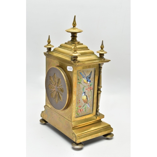 159 - A LATE 19TH CENTURY FRENCH BRASS AND PORCELAIN PANEL CLOCK, the caddy pediment with five turned fini... 