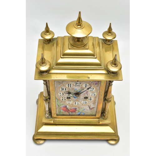 159 - A LATE 19TH CENTURY FRENCH BRASS AND PORCELAIN PANEL CLOCK, the caddy pediment with five turned fini... 