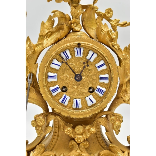 160 - A LATE 19TH CENTURY FRENCH ORMOLU MANTEL CLOCK OF FOLIATE ROCOCO SCROLL DESIGN, the circular dial wi... 