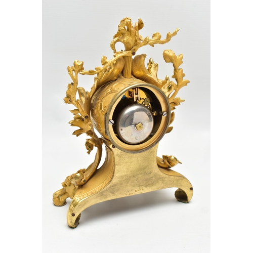 160 - A LATE 19TH CENTURY FRENCH ORMOLU MANTEL CLOCK OF FOLIATE ROCOCO SCROLL DESIGN, the circular dial wi... 