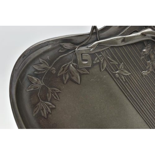 164 - A WMF PEWTER LETTER TRAY, model 252A, relief moulded in the Art Nouveau style with a maiden and harp... 